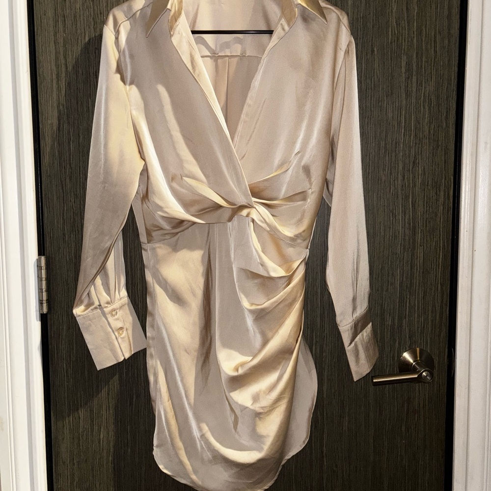 12th Tribe Beige Satin faux wrap dress NWOT